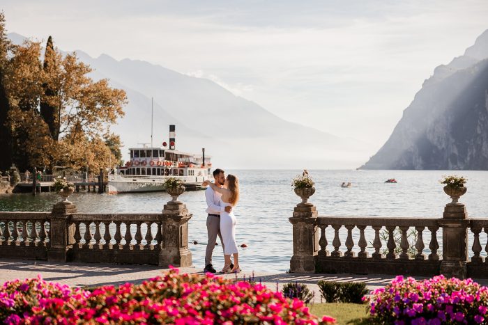 lake Garda proposal photographer, best engagement photo spots in Riva del Garda at sunset