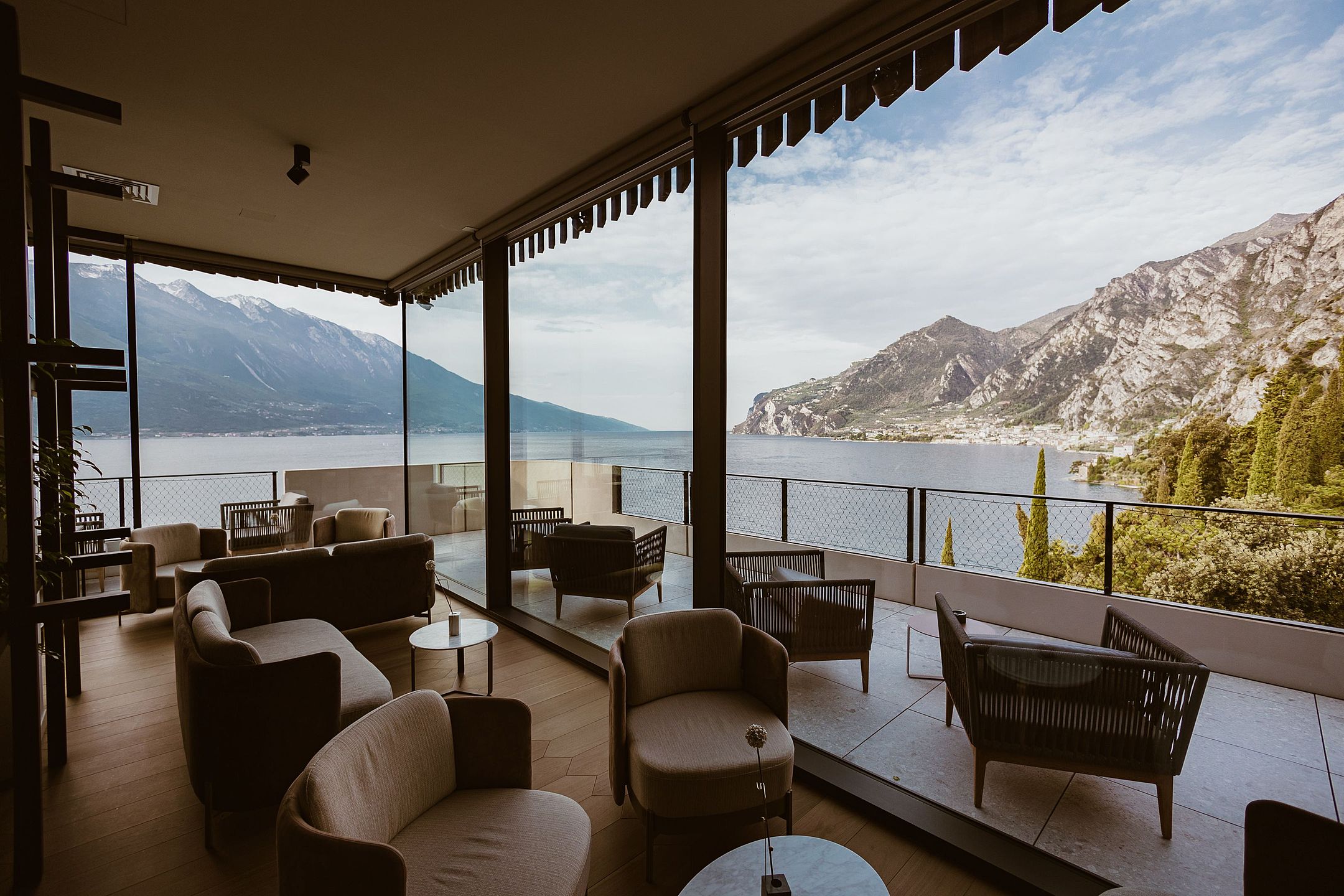 Luxury terrace with panoramic lake view at EALA Hotel in Limone sul Garda, an exclusive wedding venue on Lake Garda in Italy