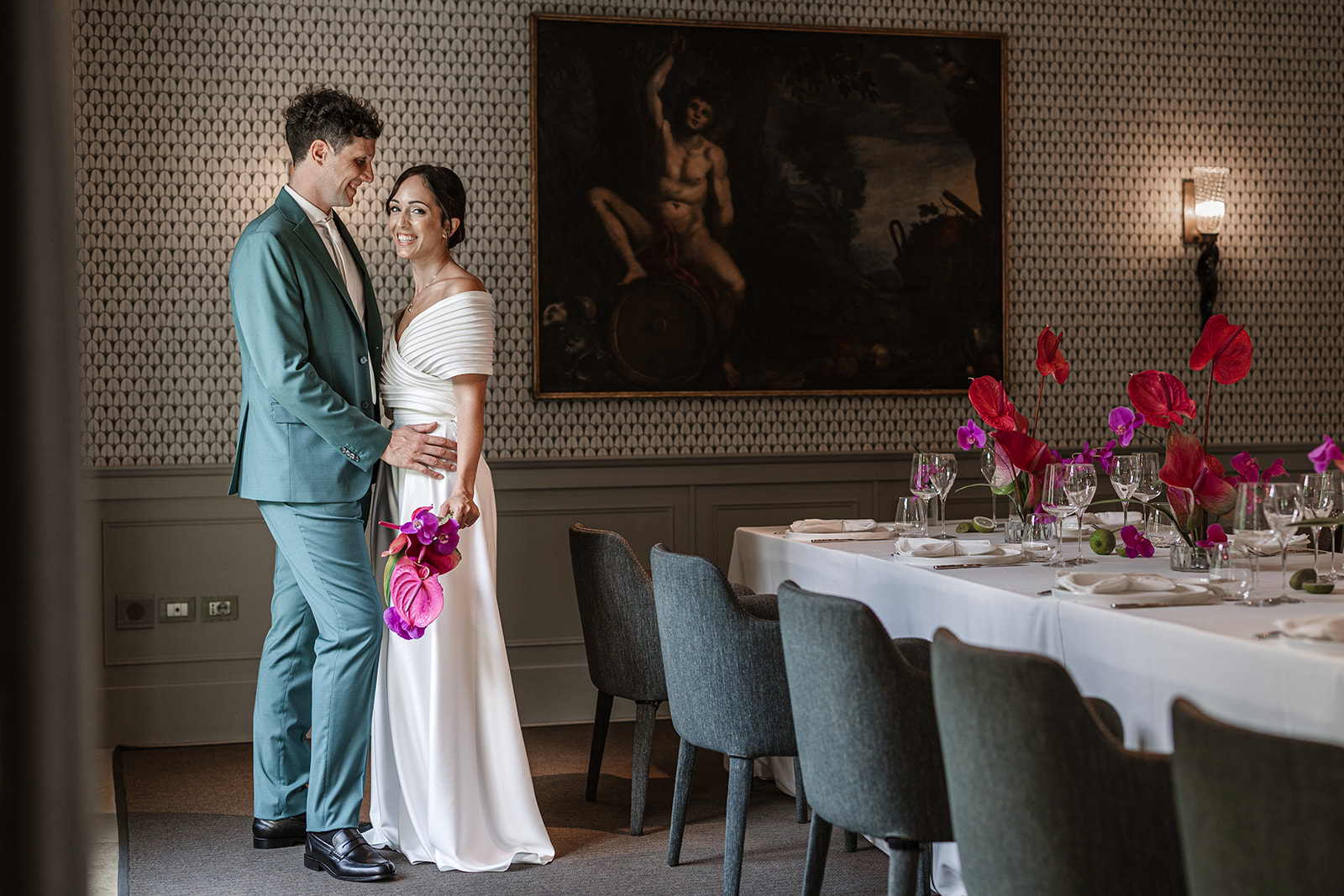 Bride and groom inside Locanda Margon restaurant during their wedding in Trento