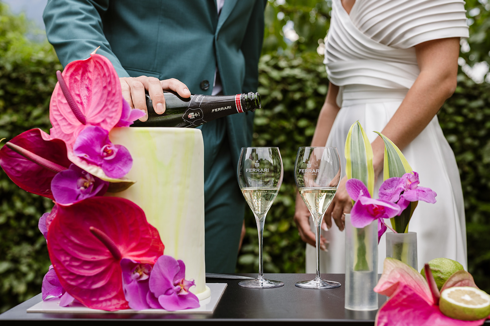 Ferrari Trento sparkling wine served during a wedding at Locanda Margon