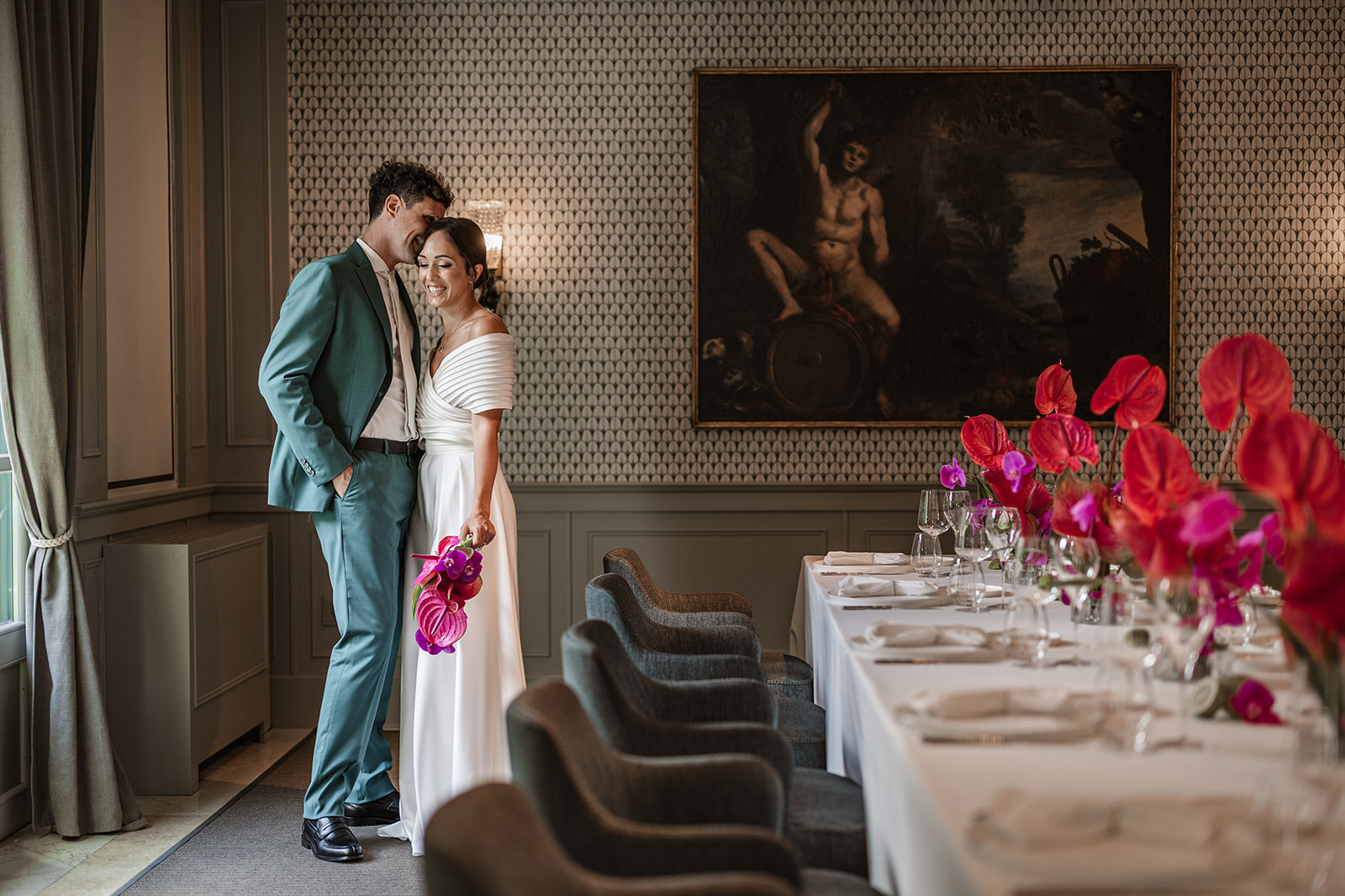 Bride and groom inside Locanda Margon restaurant during their wedding in Trento